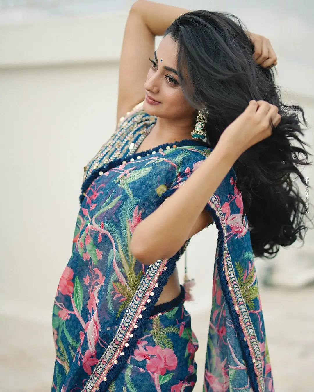 Namitha Pramod Wearing Beautiful Earring Blue Saree